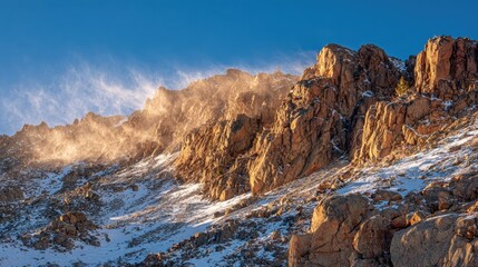 Snow blowing across rugged mountain ridge under harsh winter sunlight