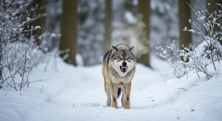 Obraz premium Menacing wolf with visible breath walking through a snow covered forest landscape