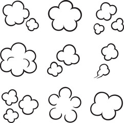 Obraz premium Set of cartoon smoke clouds and steam puffs. Black and white comic style vector illustration for explosion or dust effects.