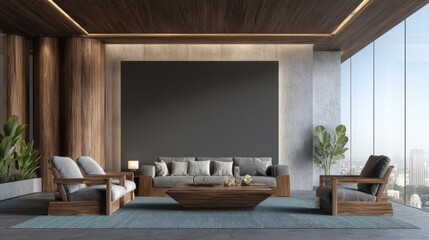 Vacant modern living room with untouched furniture and clean floors