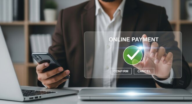 A person confirms an online payment on a digital interface using a smartphone and laptop