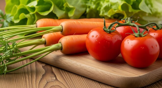 Fresh red tomatoes and orange carrots with green lettuce