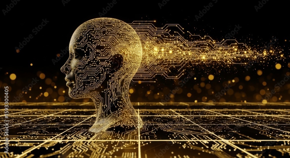 Aufkleber a glowing golden digital brain composed of circuits and data streams represents artificial intellige