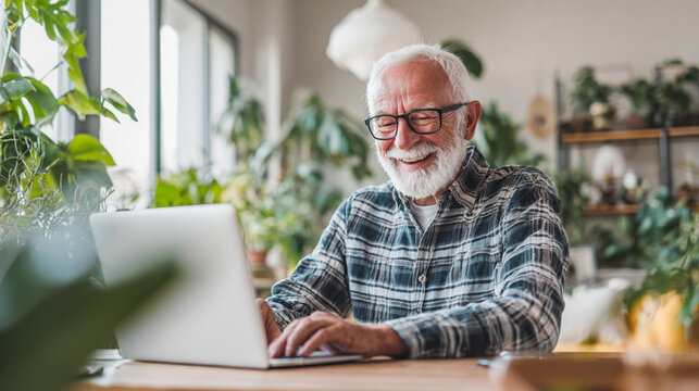 Smiling senior man with laptop at home office surrounded by green plants. Positive elderly person using technology, concept of remote work, online learning, freelance, and active lifestyle after retir