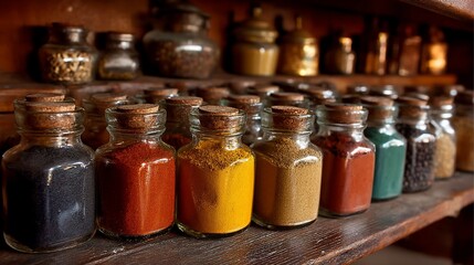 Colorful spice jars on shelves