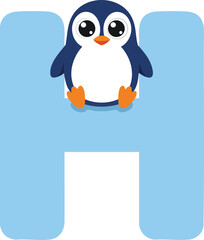 Naklejka premium Cute penguin sitting on blue letter H cartoon style vector illustration for kids design and education purposes 