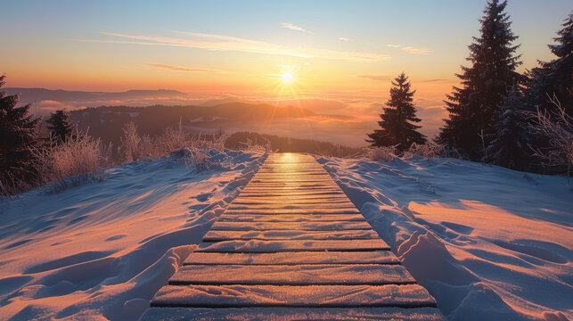 Winter sunrise on a wooden path with fresh snow and fir trees overlooking a cloud filled valley.