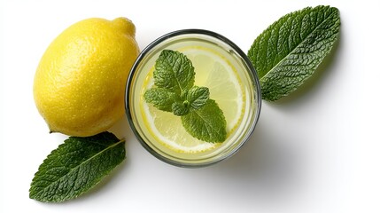 Refreshing Homemade Lemonade Drink Recipe with Lemon and Mint Leaves in Glass Summer Beverage Cool Yellow Citrus Fruit Healthy Diet Food Photography Top Ice View Taste White Water 