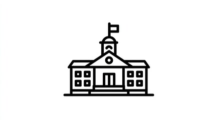 Black-and-white line drawing of building with windows, flag on top, and symmetrical layout