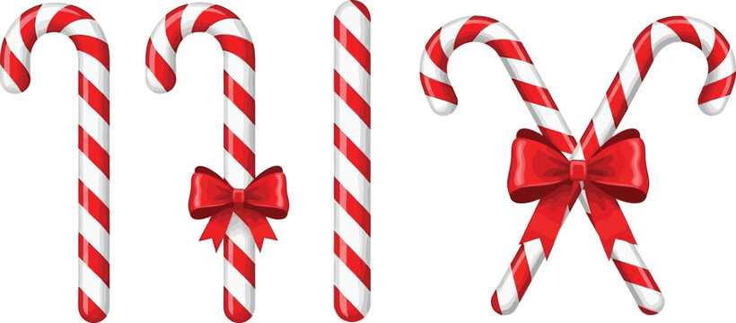 A group of red and white striped candy canes with red bows on a white background for christmas