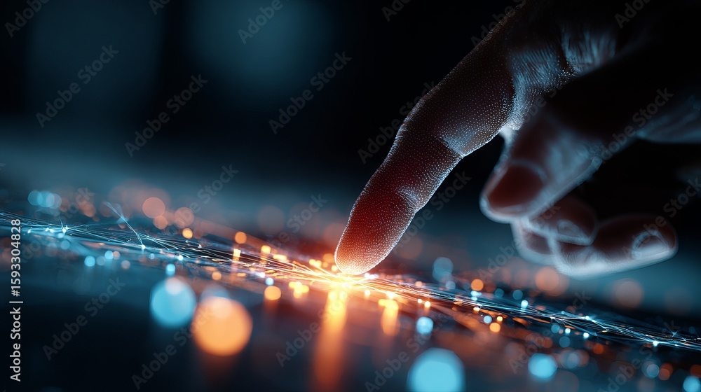 Poster digital fingertip touching futuristic interface network technology abstract glowing lines orange blu