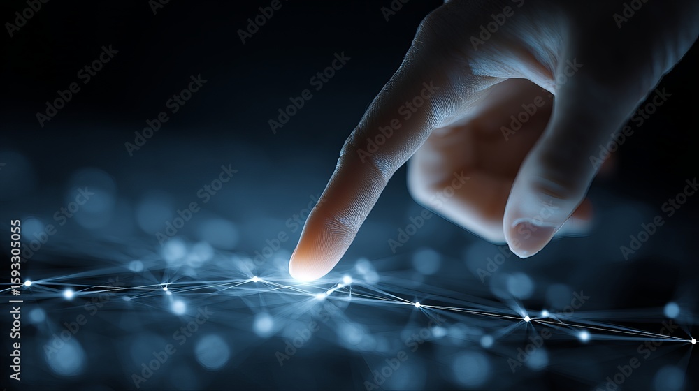 Poster digital network connection abstract technology background finger touching futuristic interface moder