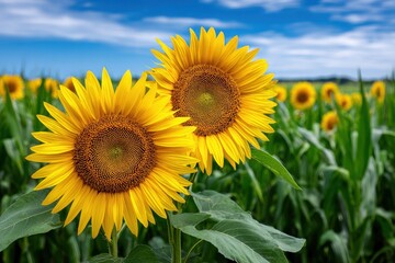 Fototapeta premium Sunflowers stand tall under a vast blue sky in a vibrant field during the warm summer afternoon