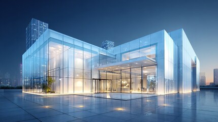 Fototapeta premium Modern Glass Building Architecture Night Cityscape Design Luxury Real Estate Exterior Contemporary Urban Development Skyscraper Commercial Property Office Building Elegant Facade 