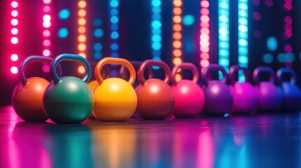 Naklejka premium Colorful Kettlebells in Front of Bright Neon Lights Background