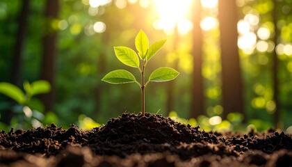 Young sprout in fertile soil, bathed in sunlight