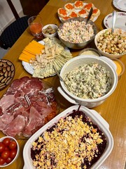 Russian Traditional New Year and Christmas Food with a variety of salads
