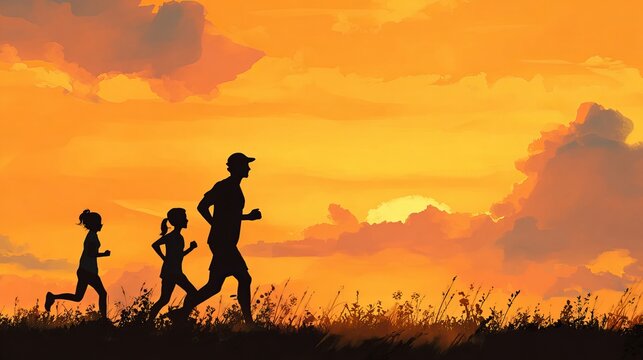 Silhouette Family Running Sunset Golden Hour Healthy Active Lifestyle Jogging Exercise Fitness Outdoors Nature Summer Evening Warm Colors Peaceful Scenic View Beautiful Family - Powered by Adobe