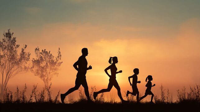 Silhouette Family Running at Sunset Healthy Active Lifestyle Fitness Exercise Outdoors Jogging Nature Sunrise Beautiful Family Sport People Running Together Active Family man boy  