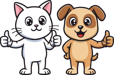 Cute cartoon cat and dog giving thumbs up friendly animal characters vector illustration 