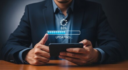A businessman in a suit uses his smartphone as a progress bar shows the system is 85 updating
