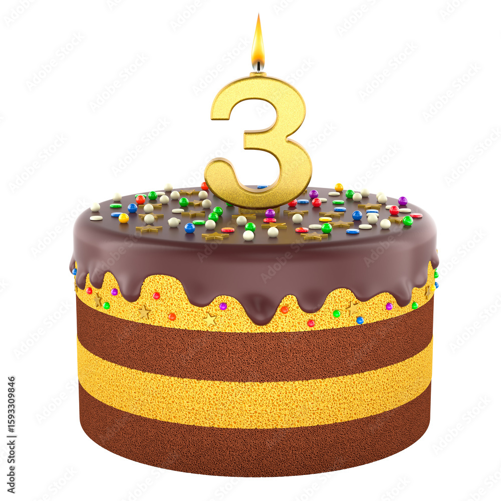 Poster chocolate birthday cake with number 3 candle. 3d rendering isolated on transparent background