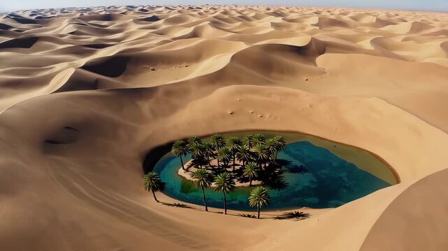 Oasis surrounded by sand dunes in desert