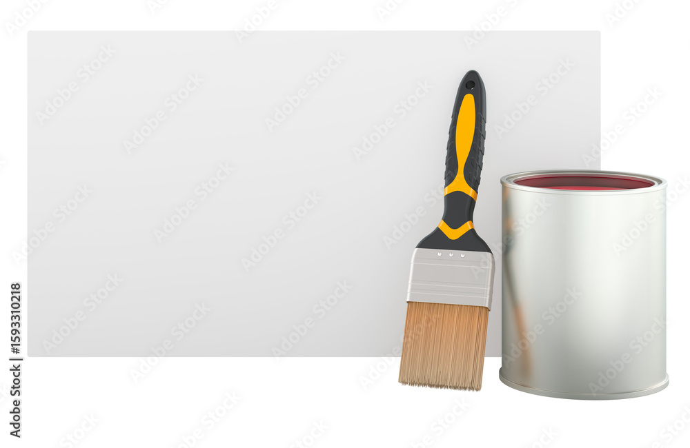 Poster paint brush and can with blank card, 3d rendering isolated on transparent background