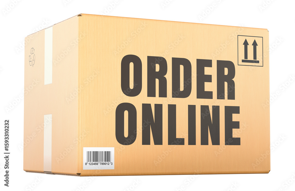 Poster order online concept with cardboard box. 3d rendering isolated on transparent background