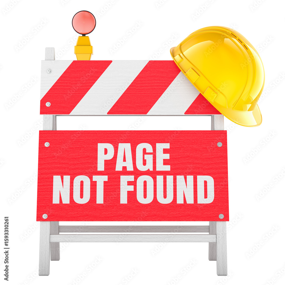 Poster page not found concept with construction barrier and helmet. 3d rendering isolated on transparent ba