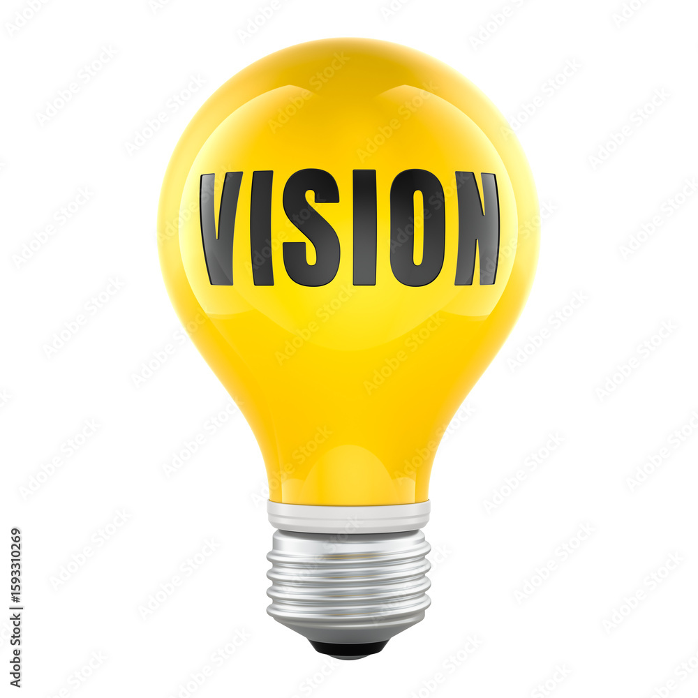 Poster vision concept with yellow light bulb. 3d rendering isolated on transparent background