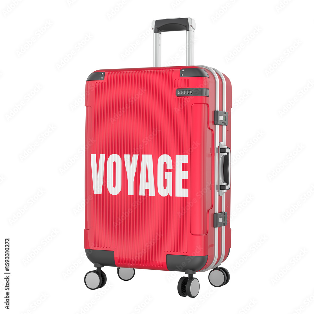 Poster voyage concept with suitcase. 3d rendering isolated on transparent background