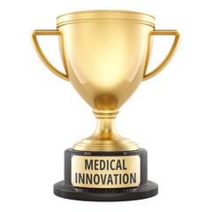 Medical Innovation golden trophy cup. 3D rendering isolated on transparent background