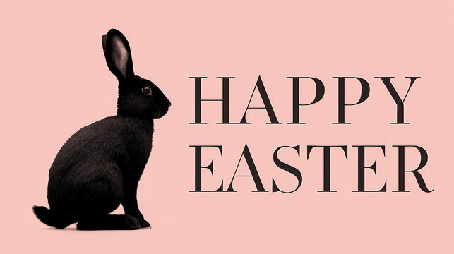 A soft pink background with a black silhouette of a sitting bunny on the left. on the right, capital text happpy easter in serif typeface, intentionally misspelled for a quirky touch. offbeat serif.