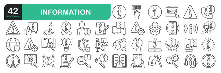 Set Of Information Line Icons. Contains such icons as Instruction, Privacy Policy, Info Center, Rule, Guide, Reference, Support, Manual, Help, and more.