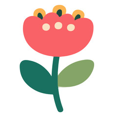 Simple stylized flower with red petals green leaves and yellow accents.