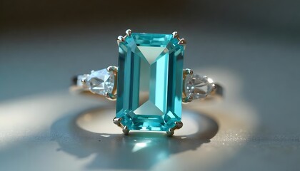 Exquisite 18-carat emerald-cut aquamarine ring embellished with trapezoid-cut diamonds in a serene jewelry atelier, mockup diamond ring, created with generative ai