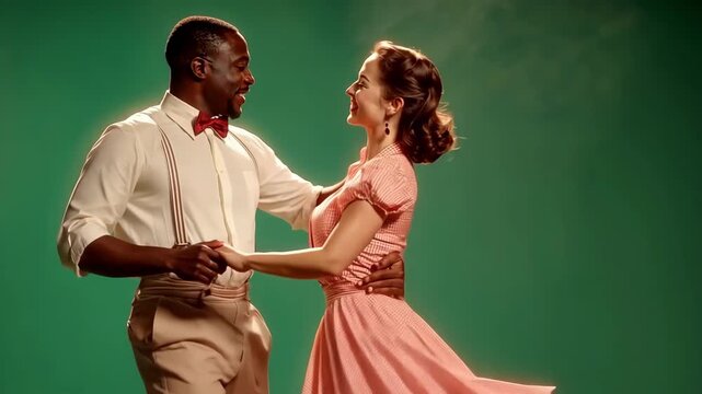 Happy couple dancing together in vintage attire against a green backdrop
