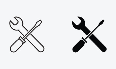 Wrench and Screwdriver Service Icon, Line and Silhouette Vector on White Background