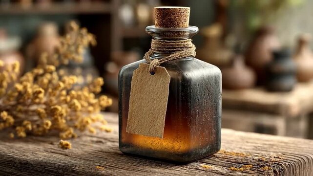 Dark glass bottle with cork stopper and blank label, rustic setting