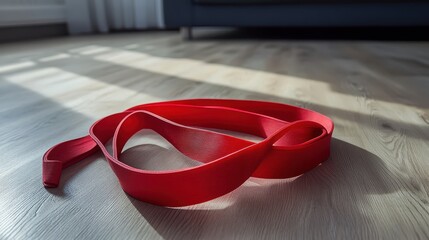 Red Exercise Band on Wooden Floor with Sunlight Streaming In