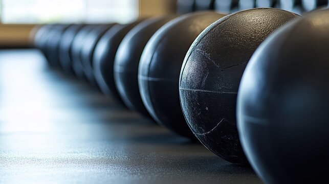 Row of Black Medicine Balls on a Smooth Gym Floor