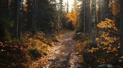 Obraz premium Serene Autumn Path Through Lush Forest with Golden Leaves