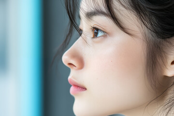 Close-up side profile of young woman in soft natural light