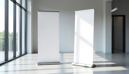 Two blank retractable banners in a modern office lobby. Mockup presentation template for promotional marketing. Advertisement display in a contemporary building interior, created with generative ai