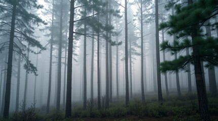 Obraz premium Enshrouded Canopy: A tranquil scene, tall trees stand amidst a foggy landscape, evoking serenity and a sense of mystery and the deep connection with the natural world.