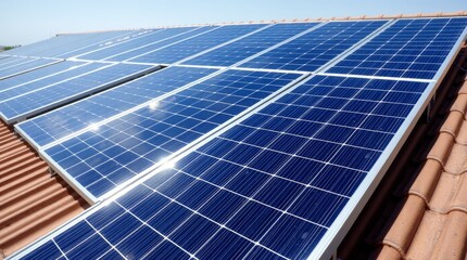 Obraz premium Solar Panel Array on Rooftop: An array of solar panels installed on a rooftop, a symbol of sustainable energy and environmental consciousness. The panels capture the sun's energy.