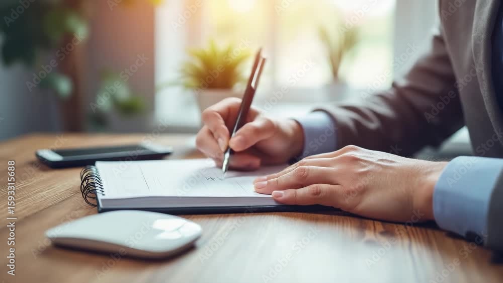 Poster a person in business attire writes in a notebook at a wooden desk with sunlight streaming through a 