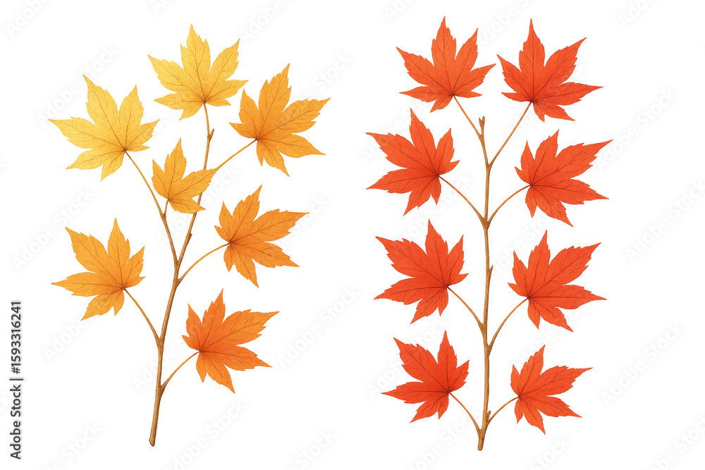 Poster two branches with colorful maple leaves, representing fall foliage, isolated on transparent backgrou