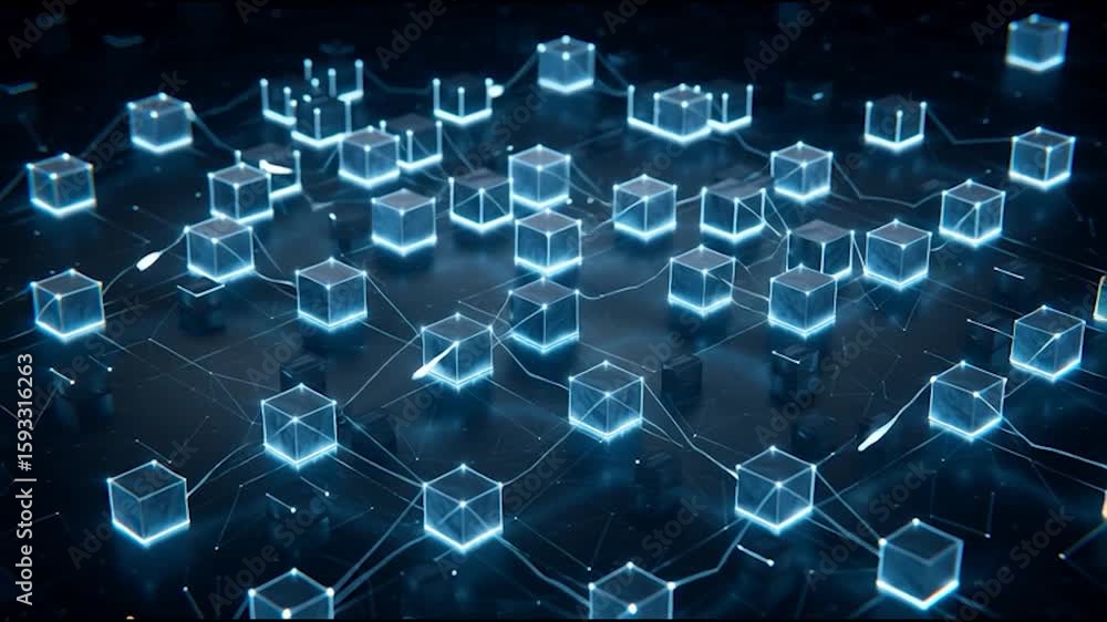 Poster glowing interconnected cubes symbolize digital blockchain technology in a futuristic, virtual enviro